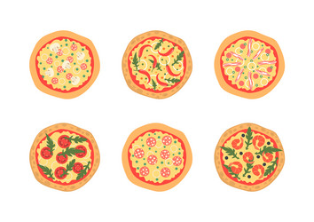 pizzas with different toppings cartoon stylized vector image