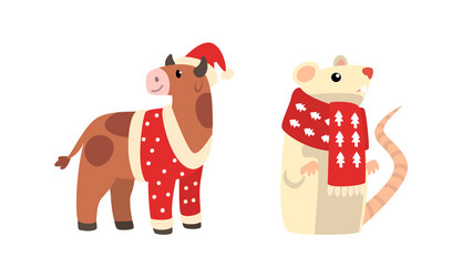 christmas animals set bull and mouse chinese vector image