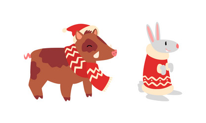 christmas animals set pig and rabbit chinese vector image