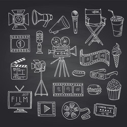 cinema doodle icons on black chalkboard vector image