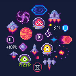 space game pixel art aliens and spaceship icons vector image