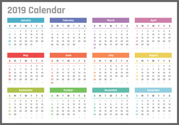 calendar for 2019 starts sunday vector image