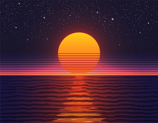 retro 80s sunset over big water vector image