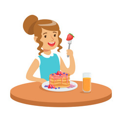 happy girl sitting at the table and eating a cake vector image