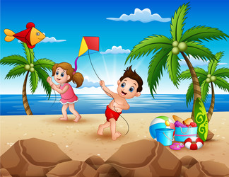 cartoon of little children playing with kites on t vector image