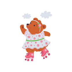 cute bear girl in dress and pink roller skates vector image