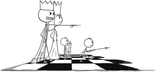 cartoon of big chess king sending small pawn vector image