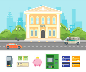 cartoon building bank on a city landscape vector image