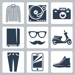 hipster icons set check shirt record player vector image