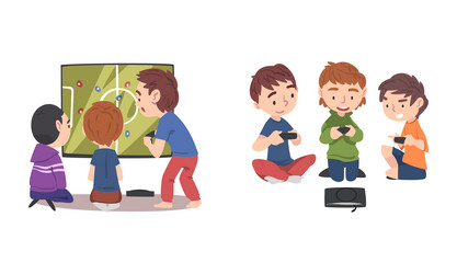 cute little boys playing video game together vector image