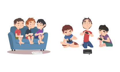 cute little boys playing video game together vector image