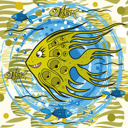 funny fish swims in blue waves doodle style vector image