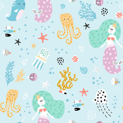 seamless pattern with cute little mermaids vector image