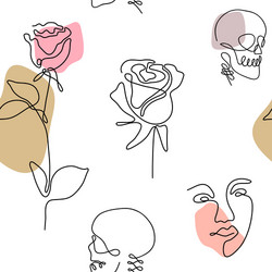 one line art style rose flowers and faces pattern vector image