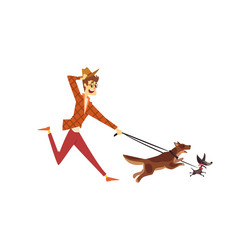 young man running with his dogs cute pets vector image