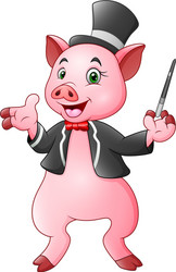 cartoon pig magician with magic wand vector image