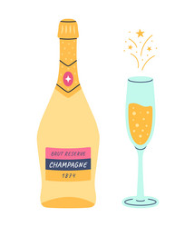 wine bottle and glass with champagne doodle style vector image