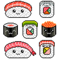 pixel cute sushi rolls set detailed isolated vector image