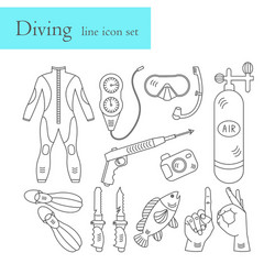 line icons with diving equipment vector image