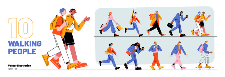 set of walking people diverse pedestrians walk vector image