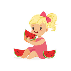 sweet little blonde girl enjoying eating vector image