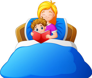 cartoon mother reading bedtime story to son on bed vector image