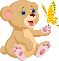 cute baby bear cartoon playing with butterfly vector image