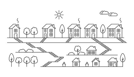 houses with hill and steps in village line art vector image