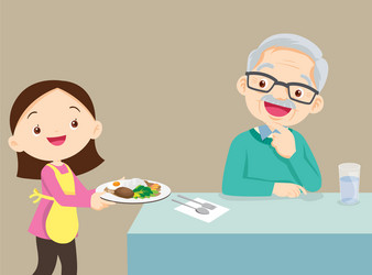 girl serving food to elderly man vector image