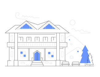 house in the mountains - modern line design style vector image