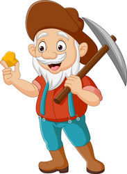 cartoon prospector holding gold nugget and pickaxe vector image