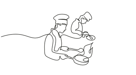 chef cooking big meal continuous one line drawing vector image