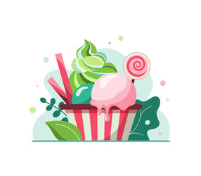 ice cream scoops in paper bowl with waffle straws vector image