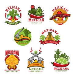 mexican restaurant icons cartoon emblems vector image