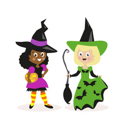 girls dressed as a witch with broom and pumpkin vector image