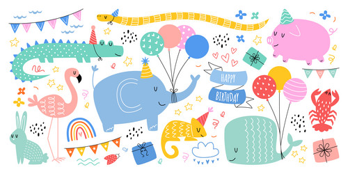 hand drawn abstract birthday animals flat vector image