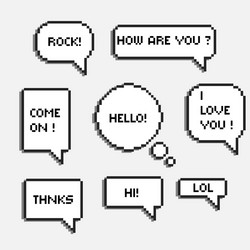 pixel 8 bit speech bubbles with words hi hello lol vector image