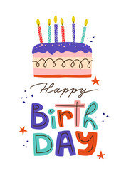 happy birthday card with cake and lettering vector image