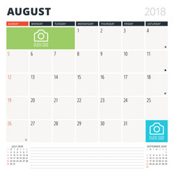 calendar planner for august 2018 design template vector image