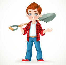 cute boy farmer in jeans holding a shovel on his vector image