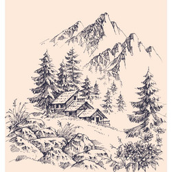 mountain chalet pine trees forest hand drawing vector image