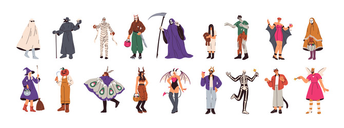 people in halloween costumes set characters vector image