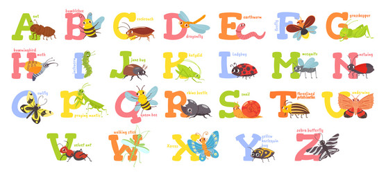 cartoon insects alphabet funny bug letters comic vector image