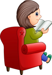 female sitting on red sofa and reading book vector image