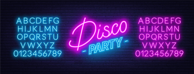 neon text disco party on brick wall background vector image