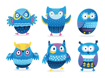 owls cute birds character set isolated vector image