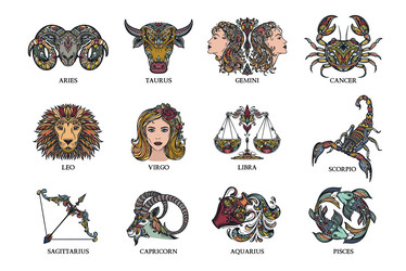 collection of colorful hand drawn zodiac vector image