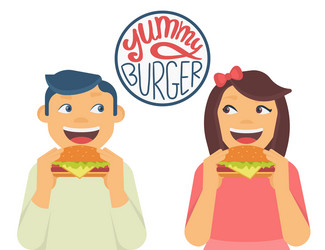 happy boy and girl are eating a big hamburgers vector image