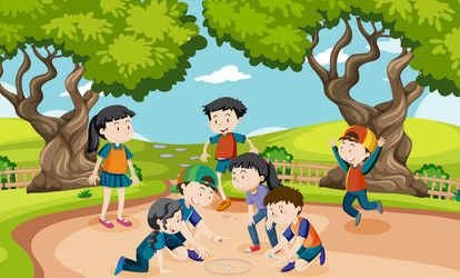 outdoor park with children playing marbles vector image