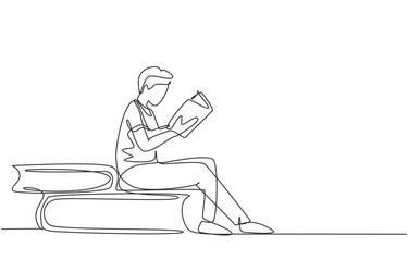 continuous one line drawing young man reading vector image